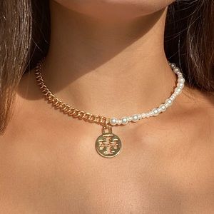 Repurposed Tory Burch Charm Necklace with Gold Chain and Pearl Beads